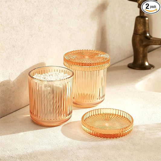 2Pack Vintage Lead-Free Glass Qtip Holder with Dust-Proof Lid, 3.5inch Diameter Storage Canister (Amber)