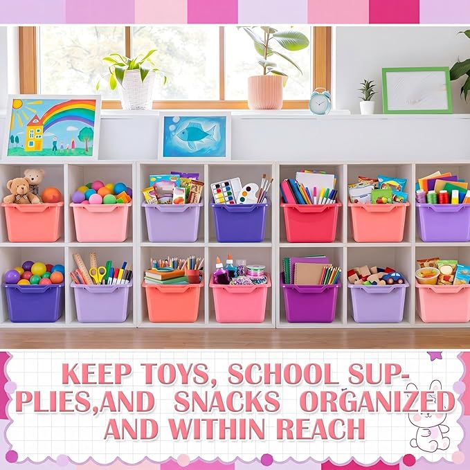 Dandat 16 Pcs Plastic Book Bins for Classroom Library Cubby Bins Scoop Front Stackable Toy Storage Tubs Containers for School Office Home Nursery Playroom Organization (Pink Series)