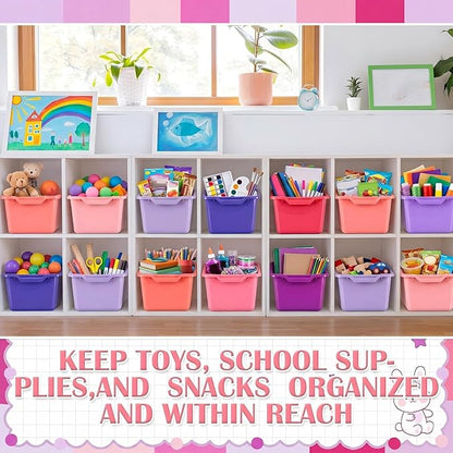 Dandat 16 Pcs Plastic Book Bins for Classroom Library Cubby Bins Scoop Front Stackable Toy Storage Tubs Containers for School Office Home Nursery Playroom Organization (Pink Series)