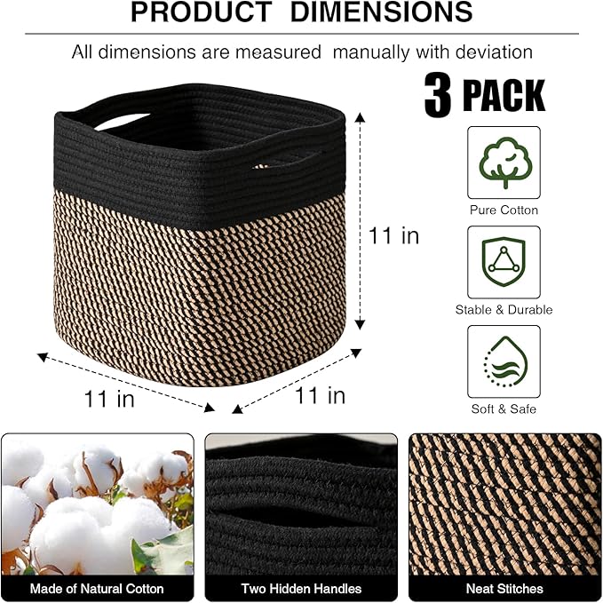 11 Inch Cube Storage Bins, 11x11 Cube Storage Bins for Cube Organizer, Square Cloth Storage Cubes, Woven Storage Baskets for Shelves, Toy Baskets Storage Kids, Black & Jute (Pack of 3)