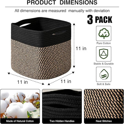 11 Inch Cube Storage Bins, 11x11 Cube Storage Bins for Cube Organizer, Square Cloth Storage Cubes, Woven Storage Baskets for Shelves, Toy Baskets Storage Kids, Black & Jute (Pack of 3)