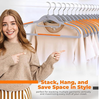 Plastic Hangers 100 Pack, Cascading Slim Space Saving Clothing Hangers with 360° Rotating Hook, Non Slip Clothes Hangers for Sweater Shirt, Heavy Duty Coat Hanger with Inner Hook for Closet, Grey