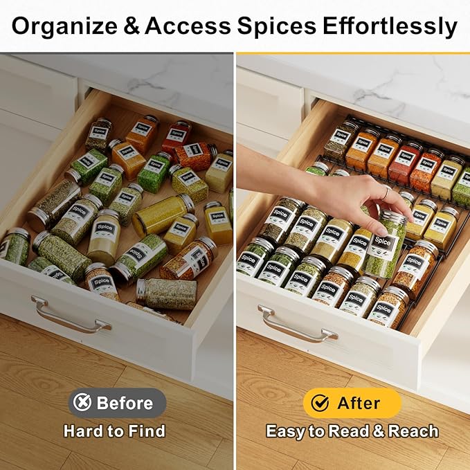 iSPECLE 4 Pack Spice Drawer Organizer, 2-Tier Low Profile Spice Rack Insert for Kitchen Drawers, Fits 15"–30" Wide Drawers, Keeps Labels Visible, No Slip No Rattle, Oil-Resistant Carbon Steel, Black