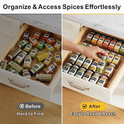 iSPECLE 2 Pack Drawer Spice Organizer, 2-Tier Low Profile Spice Rack Insert for Kitchen Drawers, Fits 15"–30" Wide Drawers, Keeps Labels Visible, No Slip No Rattle, Oil-Resistant Carbon Steel, Black
