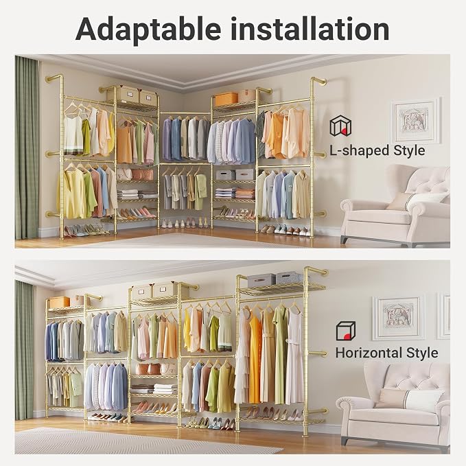 Timate F5 Expandable Wall Mounted Clothes Rack with 8 Adjustable Shelves & 4 Expandable Hanger Rods, Heavy Duty Industrial Pipe Clothing Rack for Hanging Clothes, Fits Spaces 10'3"- 12'3", Gold