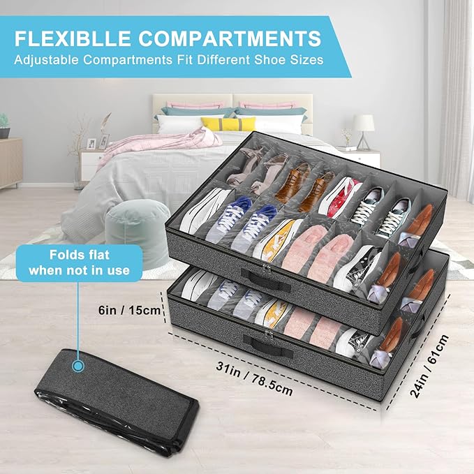 Under Bed Shoe Storage Organizer for Closet, 32 Pairs Sturdy Underbed Shoe Storage Boxes Bins Container Foldable Shoes Storage with Reinforced Handles & Clear Window for College Dorms Grey, Set of 2