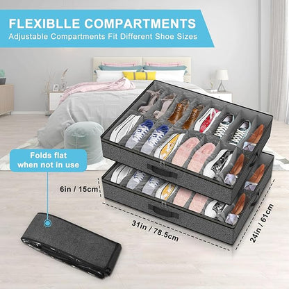 Under Bed Shoe Storage Organizer for Closet, 32 Pairs Sturdy Underbed Shoe Storage Boxes Bins Container Foldable Shoes Storage with Reinforced Handles & Clear Window for College Dorms Grey, Set of 2