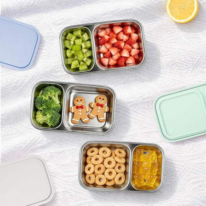 3 Pack Stainless Steel Snack Containers with Silicone Lids, 2-Compartment Snack Containers for Lunch, Office, Travel & Camping（Aqua, Blue, Grey