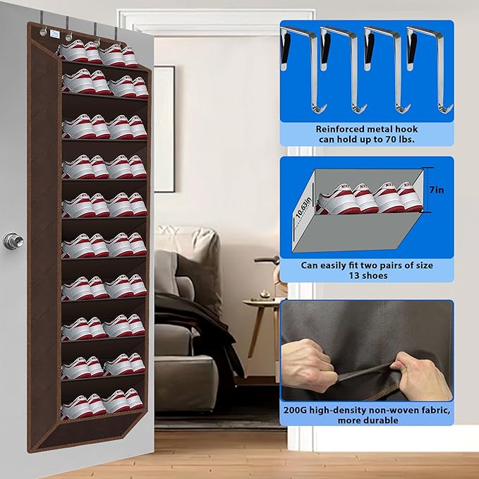 Over the Door Shoe Organizer, 20 to 30 Pairs Hanging Shoe Holder, Heavy Duty Extra Deep Pockets Shoe Storage for Closet, Anti-Scratch Hooks & FSC-Certified Bamboo - Coffee