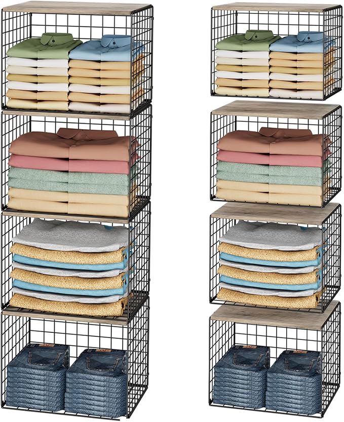 4PCS Wider Closet Organizers and Storage, Stackable Closet Shelf Organizer Storage Bins with Wood Top for Sweaters Jeans, Clothes Organizer Shelves for Wardrobe System Rack, Space-Saving,Sturdy Metal