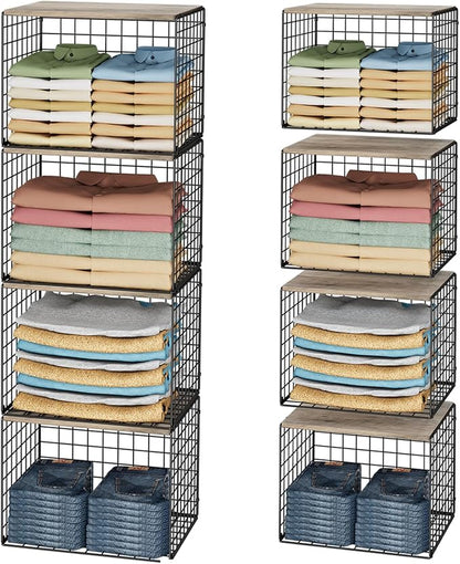 4PCS Wider Closet Organizers and Storage, Stackable Closet Shelf Organizer Storage Bins with Wood Top for Sweaters Jeans, Clothes Organizer Shelves for Wardrobe System Rack, Space-Saving,Sturdy Metal
