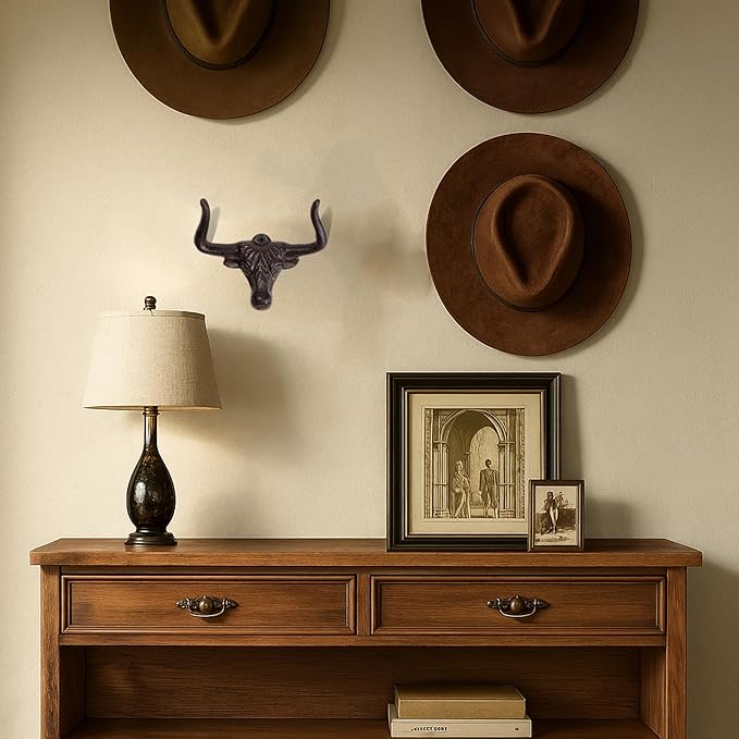 Cowboy Hat Rack for Wall - 4 Pack Cast Iron Cowboy Hat Holder,Hat Storage Organizer Hat Hooks for Wall Western Decor for Bedroom Western Gifts (Rust, 4 Pack)