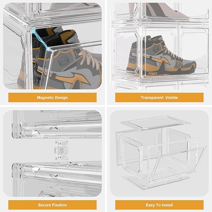 Shoe Box,Set of 6,Stackable Plastic Clear Shoe Box Organizer with Magnetic Door,Shoe Storage Box Thicken Sturdy,Easy Assembly,Fit up to US Size(Side opening door, Clear)