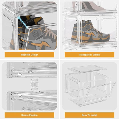 Shoe Box,Set of 6,Stackable Plastic Clear Shoe Box Organizer with Magnetic Door,Shoe Storage Box Thicken Sturdy,Easy Assembly,Fit up to US Size(Side opening door, Clear)