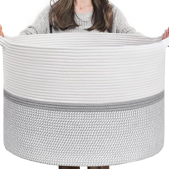 CHICVITA 85L Large Blanket Basket for Living Room, Woven Storage Baskets for Laundry Pillows Toys, Decorative Cotton Rope Basket with Handles for Bedroom Nursery, 22" x 22" x 14", Gray