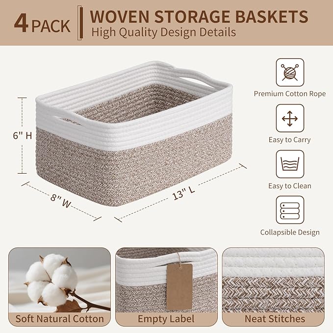 Goodpick 4 Pack Storage Baskets for Shelves, Rectangle Cotton Rope Baskets for Organizing, Woven Storage Basket for Baby Toys Diapers, Decorative Shelf Basket for Gifts, 13''L x 8''W x 6''H
