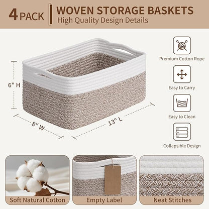 Goodpick 4 Pack Storage Baskets for Shelves, Rectangle Cotton Rope Baskets for Organizing, Woven Storage Basket for Baby Toys Diapers, Decorative Shelf Basket for Gifts, 13''L x 8''W x 6''H