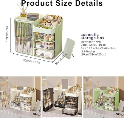 DASITON Makeup Organizer for Vanity,Large Capacity Makeup Storage Organizer with 3-Layer Drawers and Mirror,Cosmetics Display Case Make up Organizers for Vanity,Bedroom,Countertop(Green)