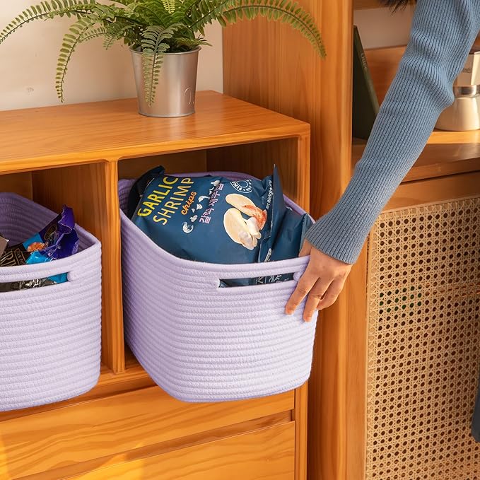 OIAHOMY 4 Pack Storage Baskets for Organizing, Cube Storage Bins for Shelves, Rectangle Storage Baskets With Handles, Woven Baskets for Storage, 12.7''Lx9''Wx7.8''H, Purple