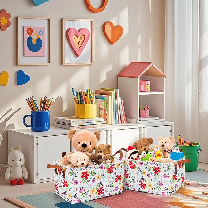 yarlung 4 Pack Floral Storage Bins with Handles, 15"x10.5"x8" Collapsible Large Storage Basket for Laundry, Decorative Fabric Lined Shelf Baskets for Organizing Clothes, Toys, Books