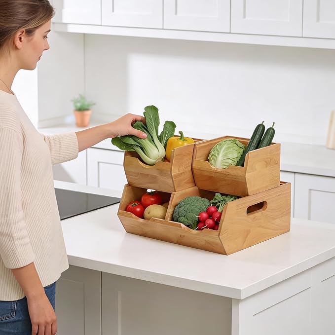 HOMESTEAD Stackable Solid Wood Storage Bins for Pantry & Countertop, Ventilated Potato and Onion Organizer with Handles, Wooden Produce Storage Containers (Natural)