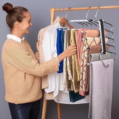 2 Pack Pants Hangers Space Saving Clothes Hangers 5 Layers, Non Slip Pant Hanger for Closet Organizers and Storage, Stainless Steel Jean Hangers Multifunctional Pant Rack for Trouser, Scarf, Skirt