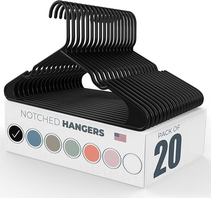 Plastic Hangers 20 Pack – Made in The USA – 6lb Capacity Standard Clothes Hangers with Notches and Reinforced Edges for Dresses, Lingerie, Shirts, Pants, and Jackets – Black