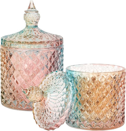 2 Pack Qtip Holder Glass Bathroom Accessories Vanity Organizers and Makeup Storage for Cotton Swabs, Balls, Pads, Floss Picks, Candy, Small and Large Rainbow