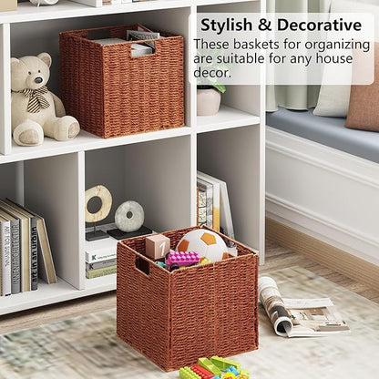 Vagusicc Wicker Storage Basket, Set of 2 Hand-Woven Paper Rope Wicker Basket, Foldable Cube Storage Bins, Square Large Storage Baskets for Organizing Shelves & Decor, Orange (13″×13″×13″)
