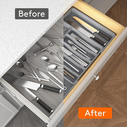 Lifewit Silverware Drawer Organizer, Expandable Utensil Tray for Kitchen, BPA Free Flatware and Cutlery Holder, Adjustable Plastic Storage for Spoons Forks Knives, 13-22 x 15", Grey