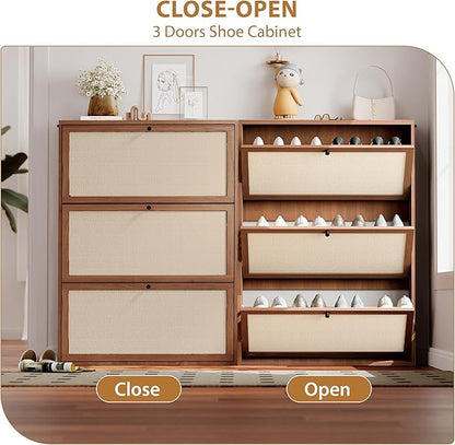 AVZEAR Narrow Shoe Storage Cabinet for Entryway with Natural Linen Panel, Freestanding Slim Shoe Cabinet with 3 Flip Drawers, Wood Shoe Organizer Closed Shoe Rack for Hallway, Living Room(Walnut)
