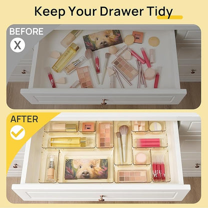 Vtopmart 25 PCS Clear Plastic Drawer Organizers Set, 4-Size Versatile Bathroom and Vanity Drawer Organizer Trays, Storage Bins for Makeup, Bedroom, Kitchen Gadgets Utensils and Office