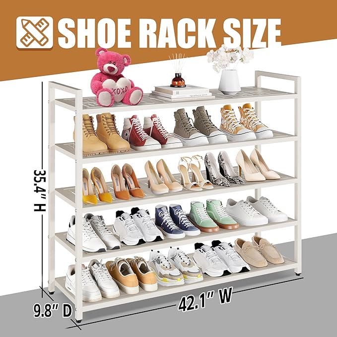 5-Tier Shoe Rack, Large Capacity Metal Free Standing Shoes Rack, Sturdy and Durable Shoe Organizer, Shoe Shelf for Closet, Entryway, Bedroom, for 28-30 Pairs, 42.1" W x 9.8" D x 35.4" H, White