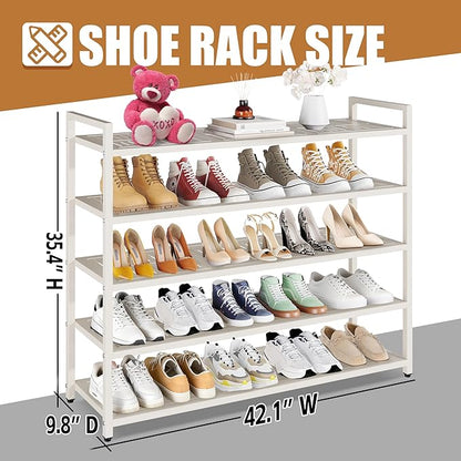 5-Tier Shoe Rack, Large Capacity Metal Free Standing Shoes Rack, Sturdy and Durable Shoe Organizer, Shoe Shelf for Closet, Entryway, Bedroom, for 28-30 Pairs, 42.1" W x 9.8" D x 35.4" H, White