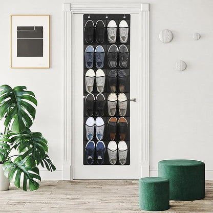 Shoe Hanger for Door 24 Mesh Pocket Over the Door Shoe Organizer Space Saving Hanging Storage Holder with Hooks 64x19 Inch Black, Hanging Organizer