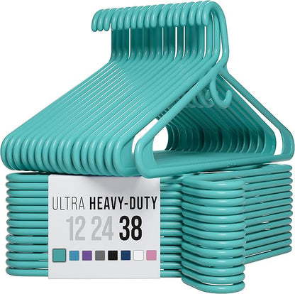 NEATERIZE Thick Heavy Duty Hangers - Aqua Plastic Clothes Hangers 38 Pack - Great for Coat Hanger, Jackets Jeans & Suit Hanger for Closet - New Apartment Essentials Percheros Ganchos para Colgar Ropa