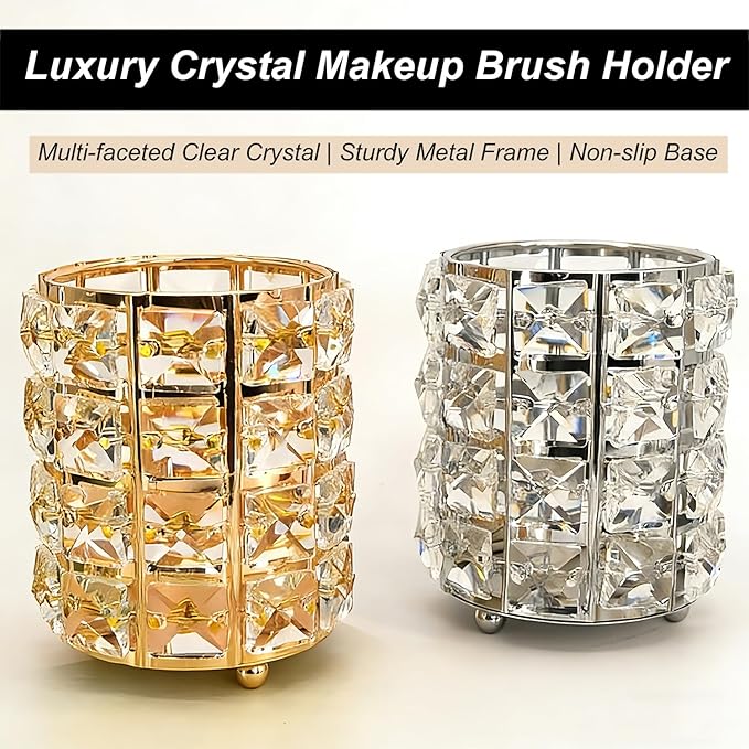 Makeup Brush Holder Organizer Crystal Bling Cosmetic Storage Box for Brushes, Combs & Pens, Candle Holder Container（Gold）