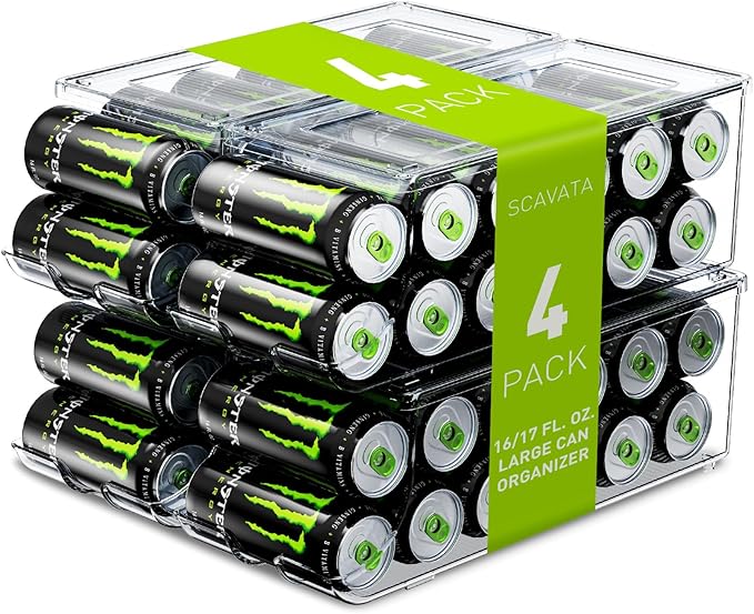 SCAVATA 4 Pack Tall Skinny Can Organizer for Refrigerator, Stackable Large Soda Cans of 16oz & 17oz Beverage Energy Drink Container Holder Dispenser with Lid for Fridge, Clear Storage Plastic Bins