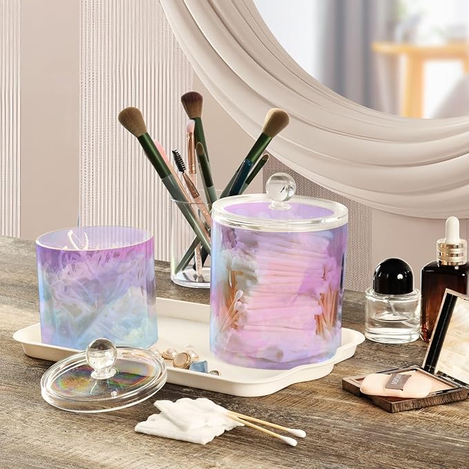 2 Pack Qtip Dispenser Apothecary Jars with Lids Cotton Round Holder Bathroom Canisters for Cotton Swab Floss Ball Pads Clear Plastic Decorative Pink Purple Blue Gradient
