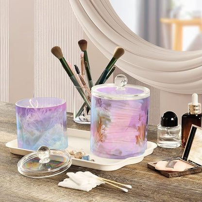 2 Pack Qtip Dispenser Apothecary Jars with Lids Cotton Round Holder Bathroom Canisters for Cotton Swab Floss Ball Pads Clear Plastic Decorative Pink Purple Blue Gradient