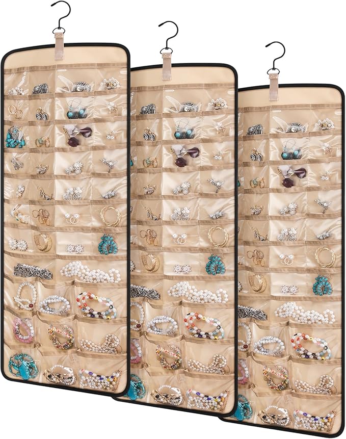 3 Pack Hanging Jewelry Organizer Storage with 39 Pockets, 30 Necklace Hooks Double Sided Wall Mount Earring Holder Organizer Bracelet Necklace Jewelry Display Hanger for Closet Door (Black)