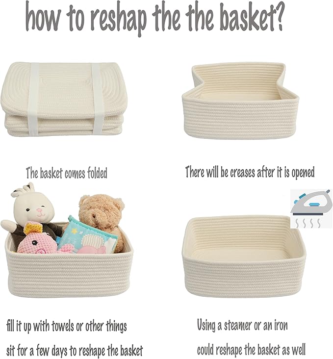 XUANGUO Small Woven Storage Baskets 12“X8”X5“ Decorative Rope Bins for Organizing Shelves, Closets, and Toys, Empty Gift Baskets, Cute Organizer Basket for Home and Office (white, regular)