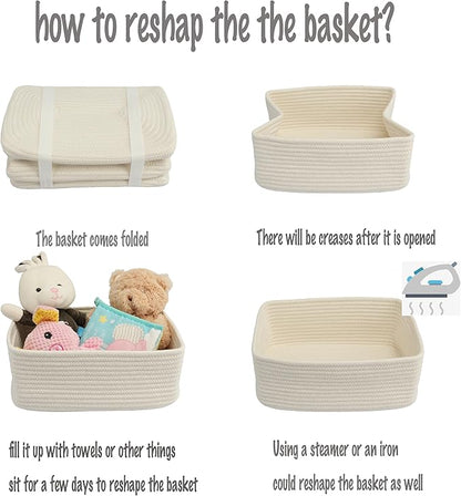 XUANGUO Small Woven Storage Baskets 12“X8”X5“ Decorative Rope Bins for Organizing Shelves, Closets, and Toys, Empty Gift Baskets, Cute Organizer Basket for Home and Office (white, regular)