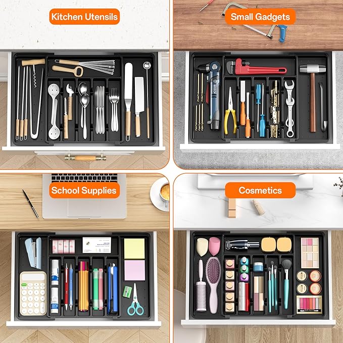 RoomHacks Large Silverware Organizer,Expandable Utensil Drawer Organizer,BPA Free Utensil Holder,Adjustable Silverware Tray Cutlery Drawer Organizer for Kitchen Flatware,Large,Black (6-8 Slots)