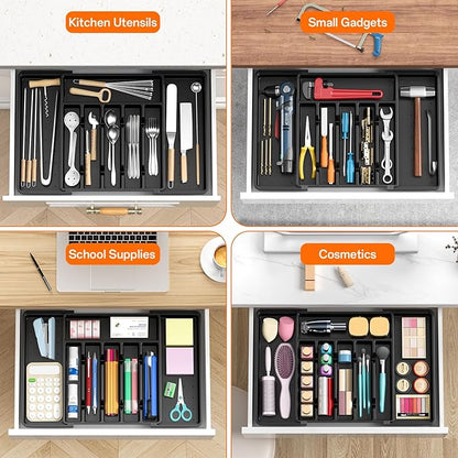 RoomHacks Large Silverware Organizer,Expandable Utensil Drawer Organizer,BPA Free Utensil Holder,Adjustable Silverware Tray Cutlery Drawer Organizer for Kitchen Flatware,Large,Black,2 Pack