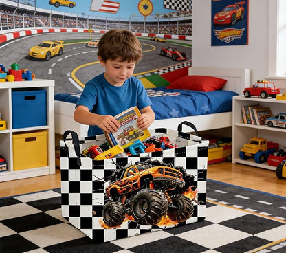 Sanjiaofeng Rectangular Monster Truck Basket for Kids,Baby Storage Bins with Handles for Car Decor,Racing Storage Bin,Cute Toy Storage Organizer for Boys and Girls,Car Room Decor(Racing flag)
