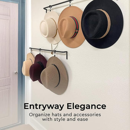Wall Mounted Hat Display Rack, 35 inch Iron Rod with 6 Clips, Handcrafted, Antique Black
