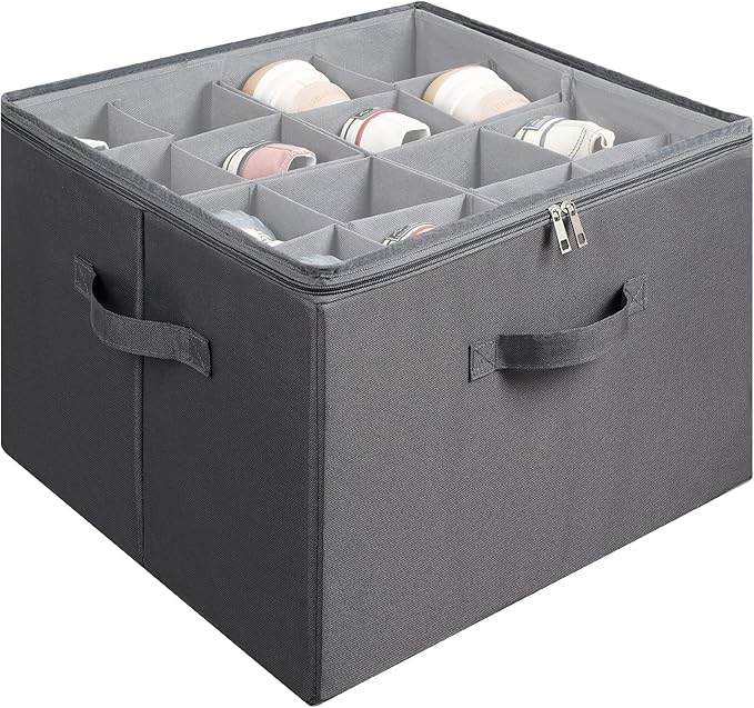 Fabric Shoe Organizer for Closet, Foldable Shoe Storage Bins with Clear Cover, Shoe Container with Adjustable Dividers, Fits up to 16 Pairs, Gray
