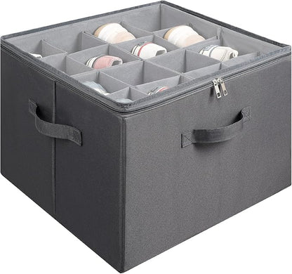 Fabric Shoe Organizer for Closet, Foldable Shoe Storage Bins with Clear Cover, Shoe Container with Adjustable Dividers, Fits up to 16 Pairs, Gray