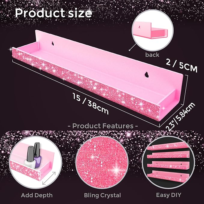 4 Pack 15 Inch Nail Polish Organizer，Diamond Crystal Rhinestone Acrylic Nail Polish Organizer，Sunglasses Essential Oil Picture Display Storage Pink